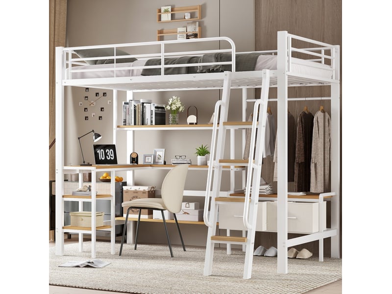  Lit mezzanine 90x200 cm, bureau, rangement et escalier, chambre lit enfant, métal et mdf, blanc et naturel sans matelas  - Conforama D