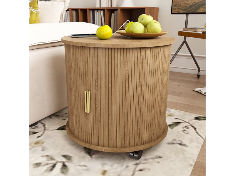  Table de chevet cylindrique avec prise secteur, 2 ports usb, porte coulissante et rangement, pour chambre, mdf, effet chêne  - Conforama C