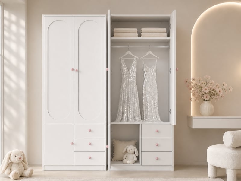 Ensemble d'armoire avec tiroirs, 2 portes, avec tringle, poignées en céramique rose, blanc, 50 x 160 x 200 cm - Conforama B