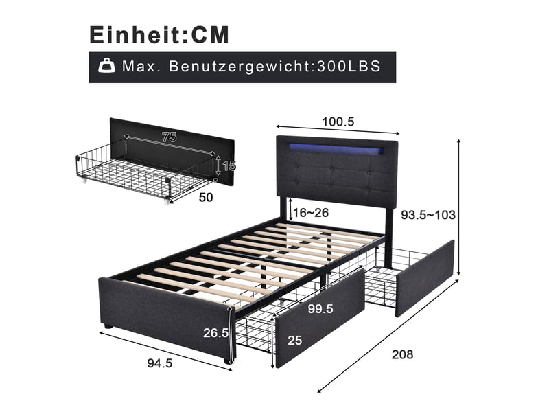  Lit 1 place gris avec led, 2 tiroirs et tête de lit réglable 90 x 200 cm  - Conforama E