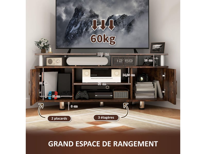  Meuble tv en bois pour téléviseur jusqu'à 55 pouces avec placards et niche ouverte rangement salon bicolore marron  - Conforama E
