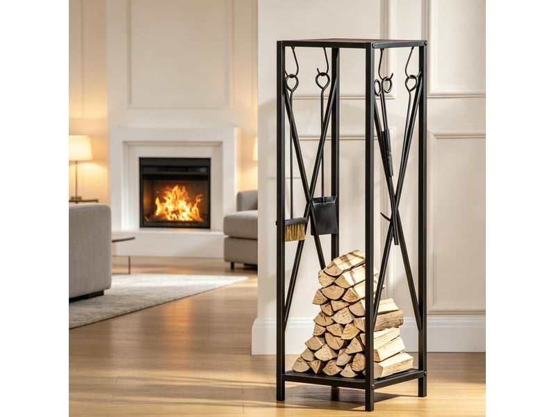  Serviteur de cheminée 34 x 34 x 111 cm noir en métal, range-bûches avec 4 outils de cheminée et deux étagères  - Conforama B