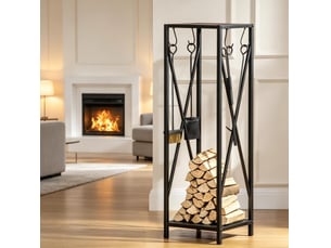 Serviteur de cheminée 34 x 34 x 111 cm noir en métal, range-bûches avec 4 outils de cheminée et deux étagères