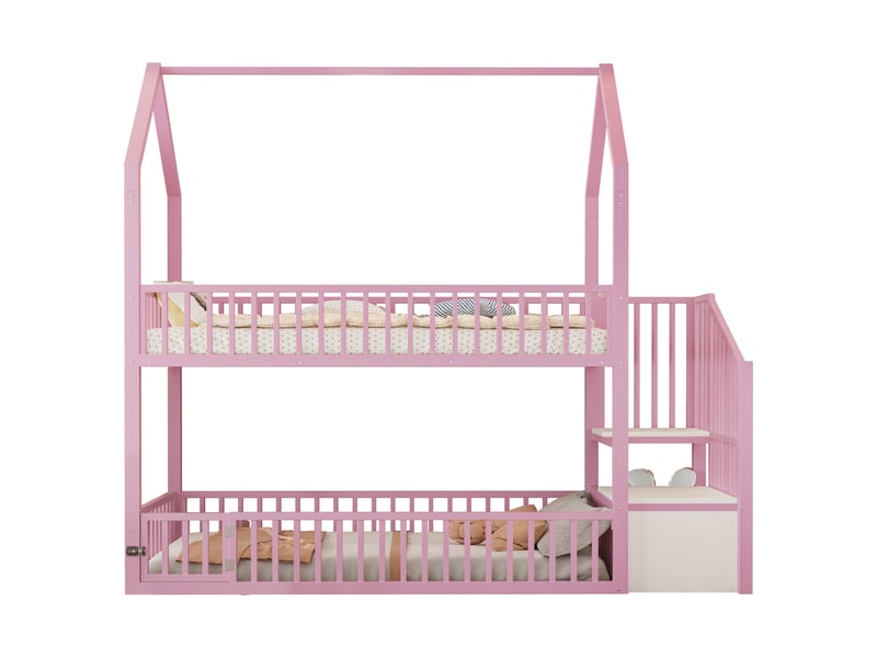 Lit superposé enfant 90 x 200 cm avec escalier, lit inférieur à petite porte ouvrante et structure style loft, métal - rose OMNIGLINT TRADING LTD - Conforama E