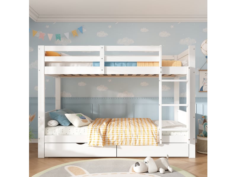  Lit superposé 90 × 200 cm séparable en 2 lits simples avec 2 tiroirs, échelle et garde-corps blanc pour chambre  - Conforama D