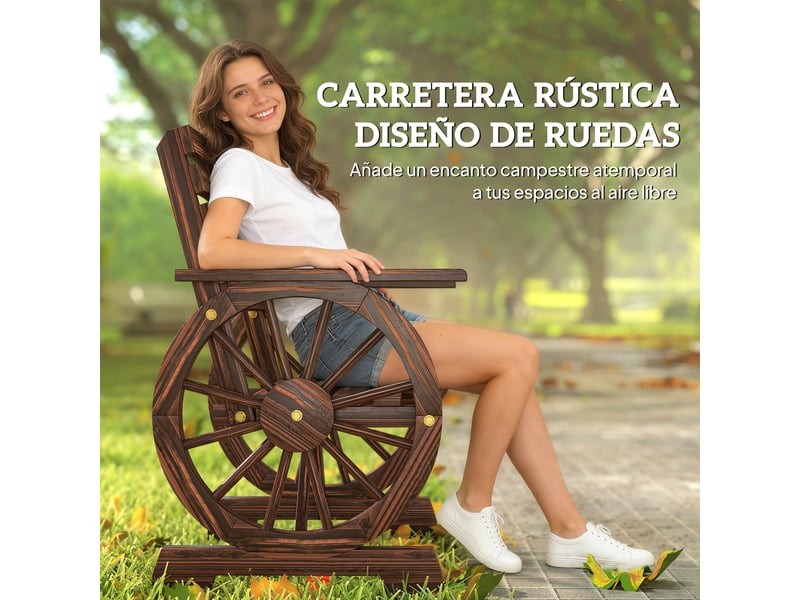 Chaise de jardin en bois avec accoudoirs en forme de roue de chariot, assise large à lattes et dossier incliné, carbonisée - Conforama E
