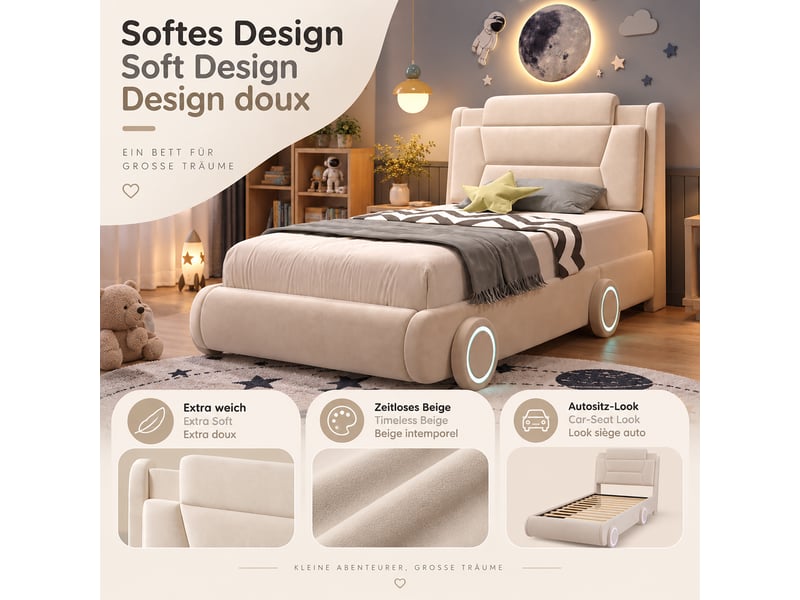  Lit enfant rembourré - 90x200 cm - éclairage led - tête de lit réglable - flanelle - mobilier de chambre enfant - pratique - beige CozyNest - Conforama E