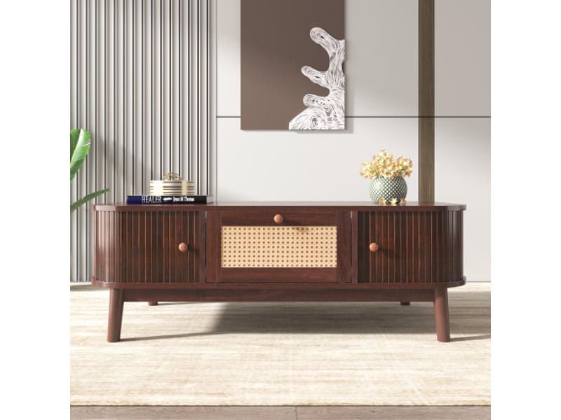 Table basse - 110x55x38,5cm - rotin, tiroirs et portes coulissantes avec lattes en bois massif, pieds en bois massif - marron - Conforama B