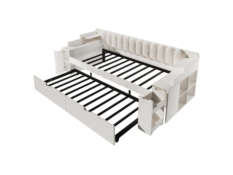 Lit banquette gigogne 90x200 cm avec rangement, usb et usb-c, mdf blanc, sans matelas - Conforama E