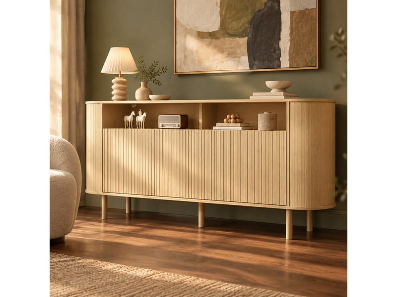 Buffet bas ulevr 160 x 40 x 78,5 cm, 3 portes ondulées et 2 niches ouvertes, rangement, panneaux de particules, naturel - Conforama B