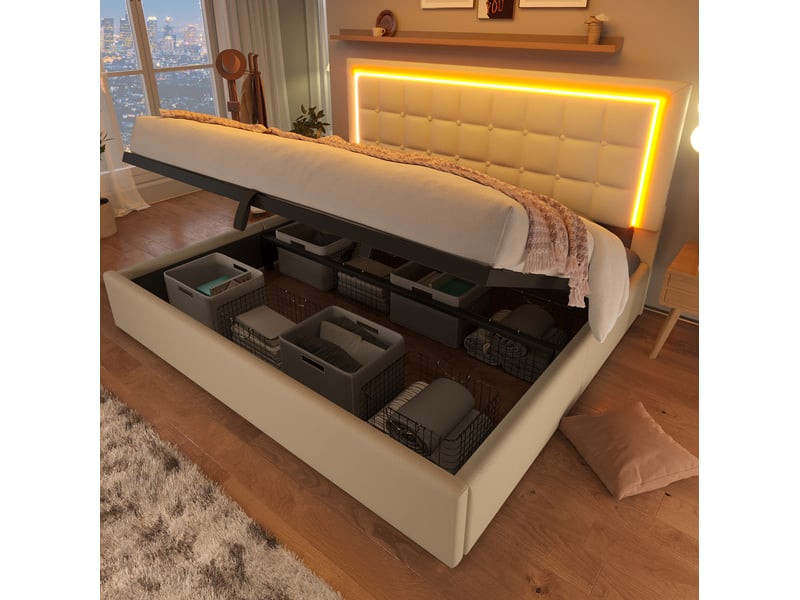 Lit coffre adulte 160x200 cm – blanc – rangement hydraulique, led multicolore et matelas inclus - Conforama B