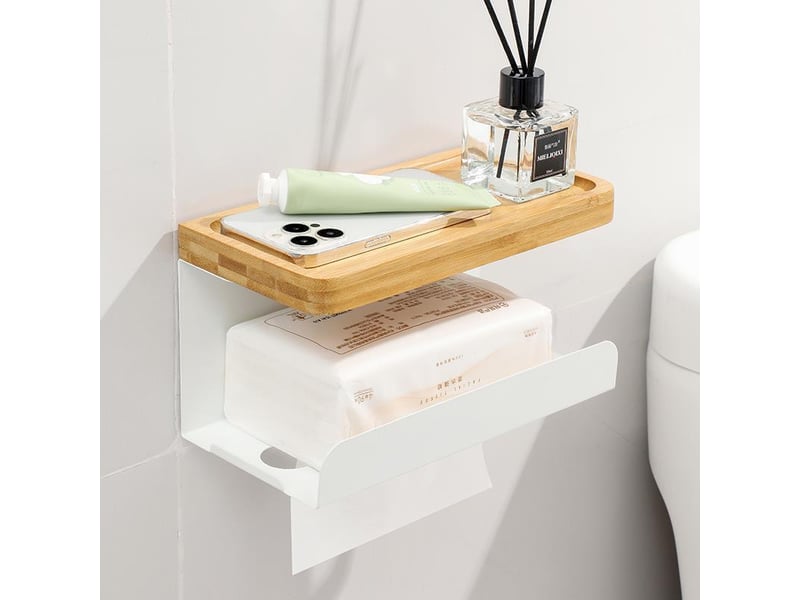 Dérouleur papier toilette adhésif sans perçage – support wc mural avec étagère en bambou, 2 en 1  - Conforama C