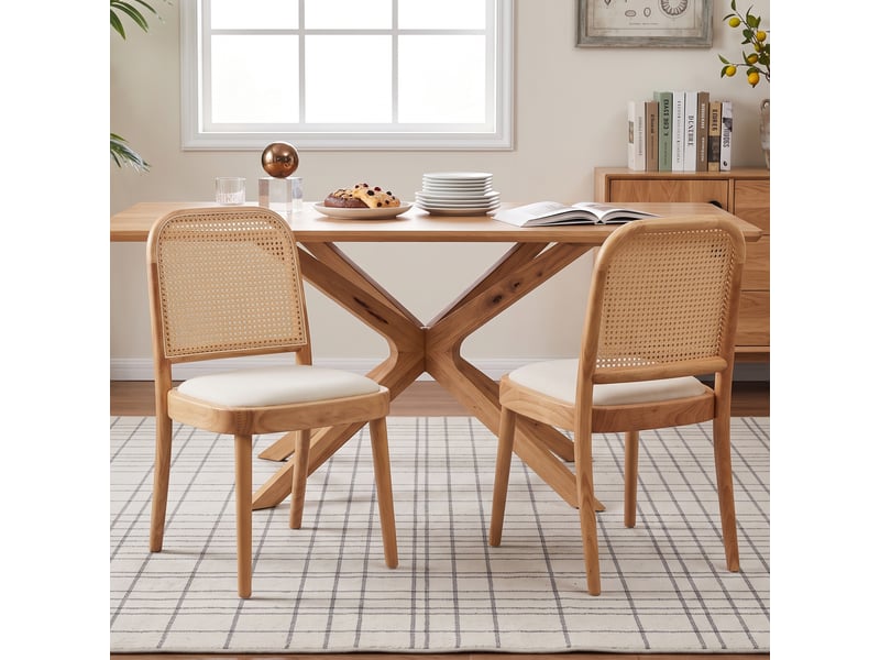  Lot de 6 chaises de salle à manger en bois massif, dossier en rotin tressé, assise rembourrée en lin, charge 150 kg, finition bois naturel  - Conforama C