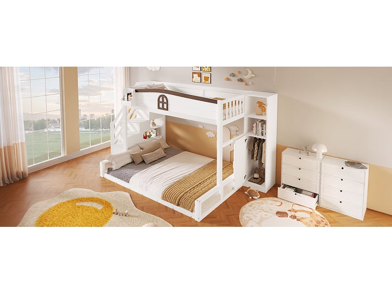  Lit superposé 90 × 200/140 × 200 cm, escalier de rangement et armoire, blanc  - Conforama B
