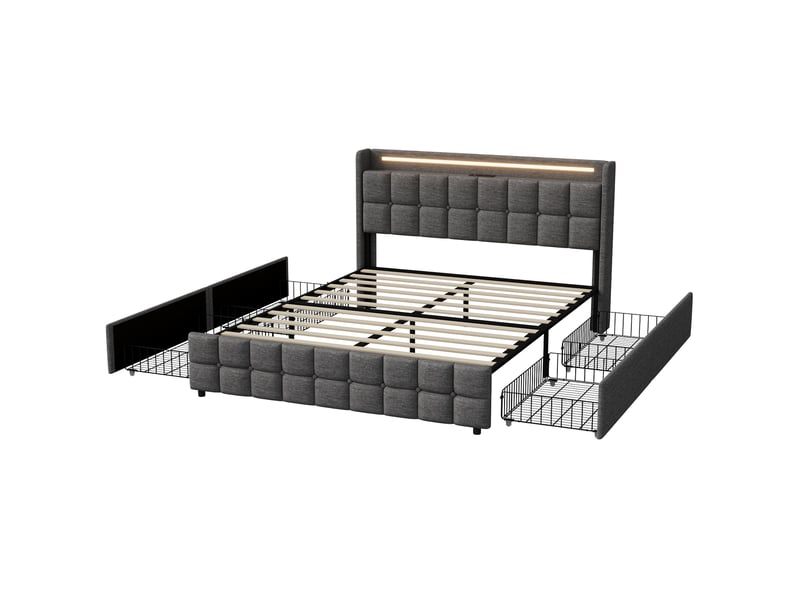  Lit 160x200cm - lit double rembourré 160x200cm queen size - led rgb usb prises et 4 tiroirs de rangement - design lin - gris  - Conforama A