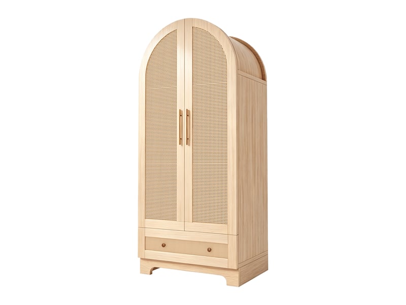 Armoire de chambre 2 portes en rotin 70 x 55 x 170 cm avec tiroir et étagères, design incurvé, meuble de rangement, naturel Sol Morn - Conforama A