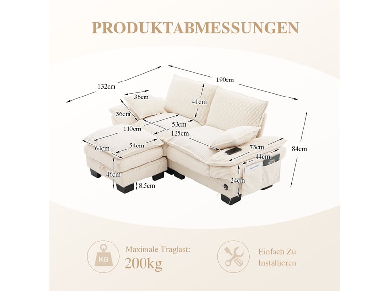  Canapé modulable, canapé 2 places – en velours tricoté, poches latérales, beige, mousse haute densité, port usb, avec pouf  - Conforama D