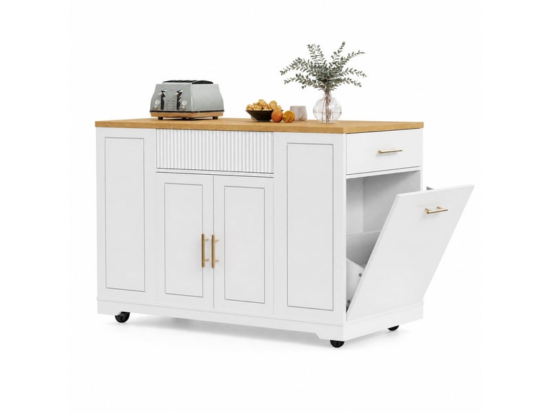 Îlot de cuisine 120x50x92 cm blanc en mdf et métal, 2 portes, 3 tiroirs et rangement pour poubelle