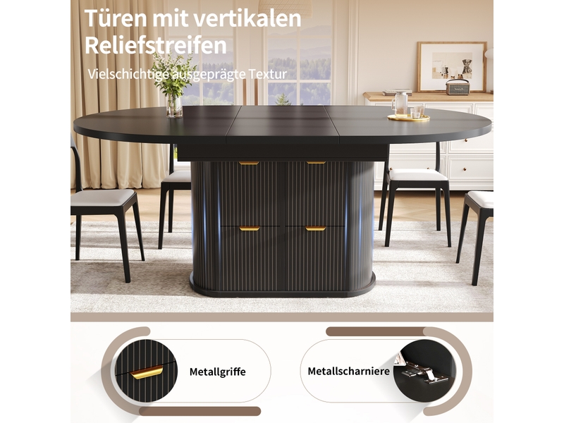  Table à manger ovale extensible 118-158x118x76.8cm pour 4 à 6 personnes, rangements rabattables, 2 tiroirs, reliefs verticaux et poignées métal, noir evarich - Conforama D