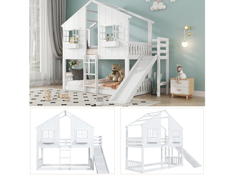 Lit superposé enfant 90x200 cm avec toboggan, toit, fenêtres, blanc et naturel - Conforama E