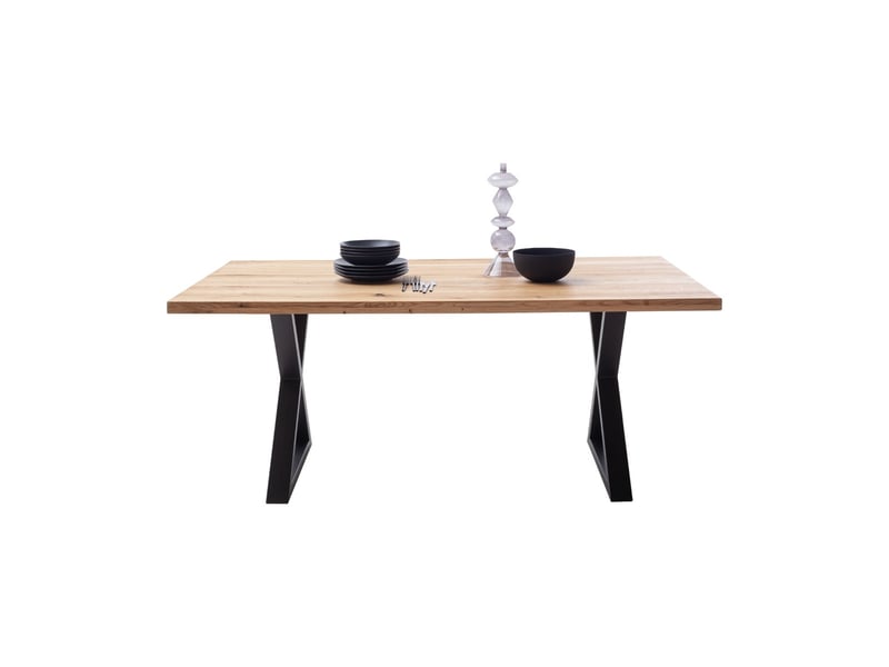  Table à manger avec bord droit coloris chêne massif et pieds en métal noir - longueur 160 x profondeur 90 x hauteur 76 cm  - Conforama E