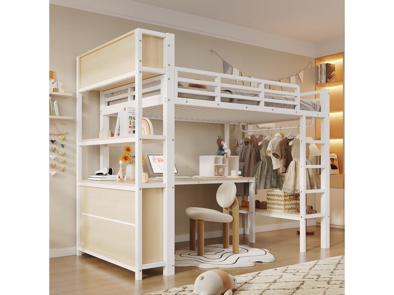  Lit mezzanine 90x200cm - lit haut en métal avec bureau, penderie, étagères de rangement &amp; tête de lit - blanc  - Conforama D