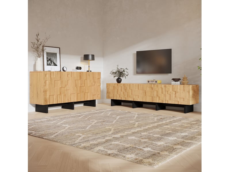  Ensemble meuble tv et buffet en mdf, décor bois clair et accents noirs, portes à ouverture par pression  - Conforama B