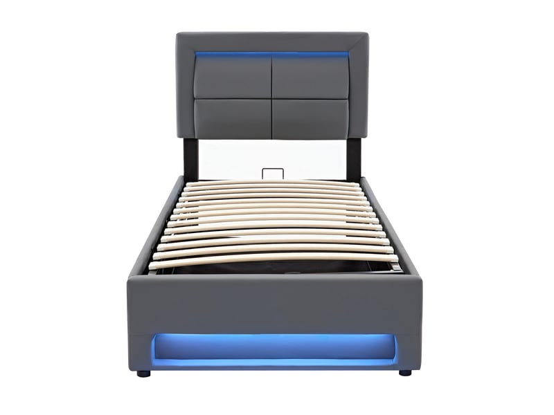  Lit rembourré 90 x 200 cm avec rangement sous le lit, éclairage led, ports usb et recharge sans fil, revêtement pu gris Fay Lum - Conforama W