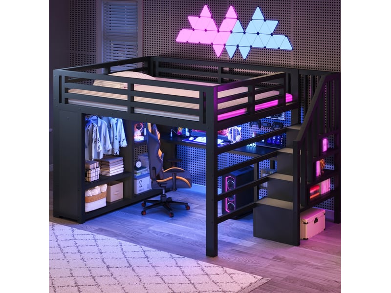  Lit mezzanine 140x200 cm bureau, led usb, armoire ouverte, escalier rangement, garde-corps, métal noir sans matelas  - Conforama D