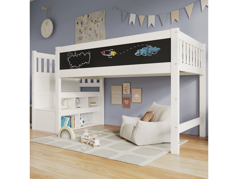Lit mezzanine enfant 90x200 cm avec escalier rangement, tableau blanc, garde-corps sécurisé, bois massif et mdf - blanc - Conforama B