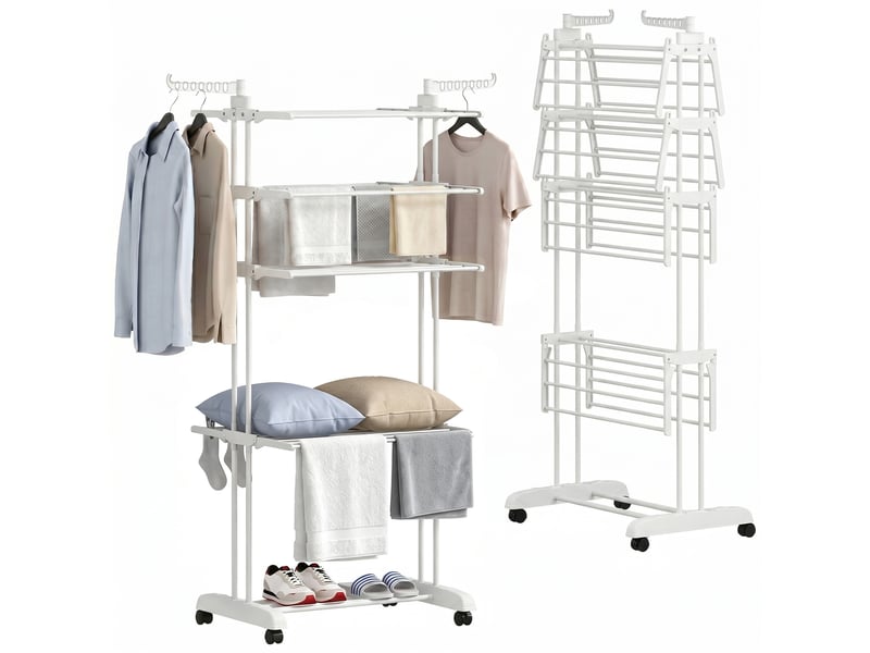  Séchoir à linge pliable 4 niveaux avec roulettes, étendoir linge intérieur avec ailes latérales, cadre en acier, blanc  - Conforama A