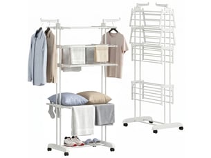 Séchoir à linge pliable 4 niveaux avec roulettes, étendoir linge intérieur avec ailes latérales, cadre en acier, blanc