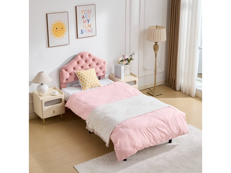  Lit simple 90x200 cm, revêtement en velours, coloris rose, tête de lit réglable, sommier à lattes inclus, sans sommier tapissier, montage facile  - Conforama D
