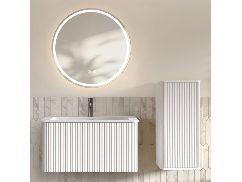 Meuble sous vasque suspendu avec miroir led antibuée, vasque et colonne de rangement pour salle de bain blanc - Conforama E