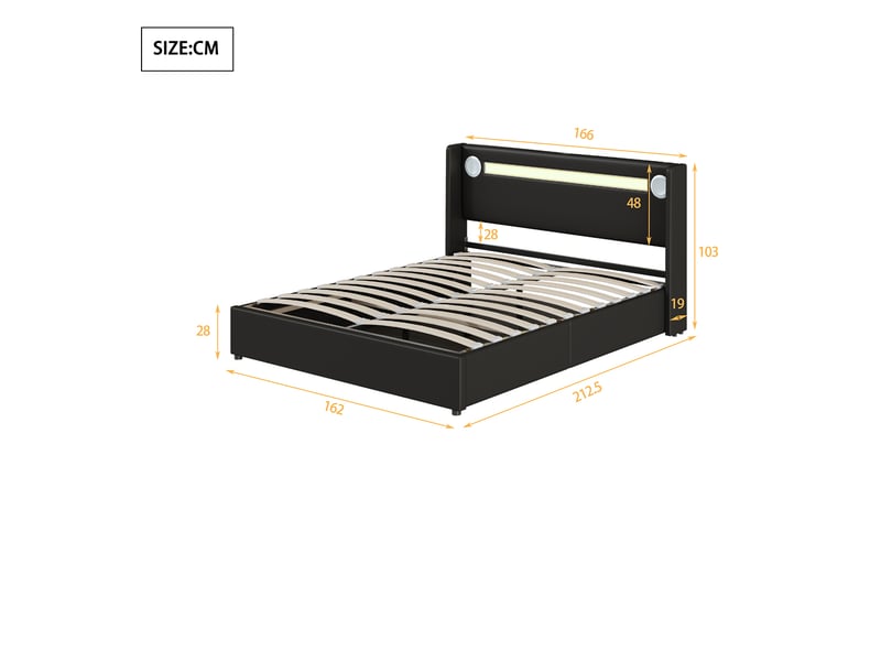  Lit coffre rembourré 160x200 cm noir en pu, led, bluetooth, 2 usb et rangement hydraulique Fay Lum - Conforama C