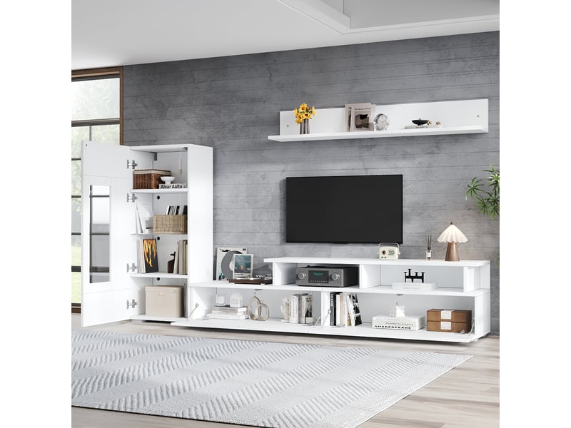  Ensemble meuble tv blanc avec vitrine et étagère, éclairage led, meuble tv pour écran jusqu'à 75 pouces  - Conforama D