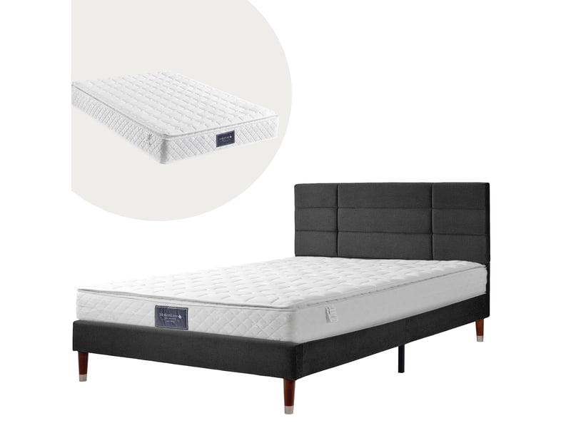  Lit rembourré tcqpz 140 x 200 cm avec sommier et matelas, tête de lit, noir, lin, bois  - Conforama A