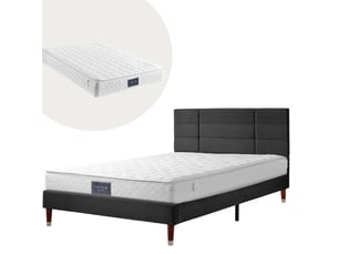 Lit rembourré tcqpz 140 x 200 cm avec sommier et matelas, tête de lit, noir, lin, bois