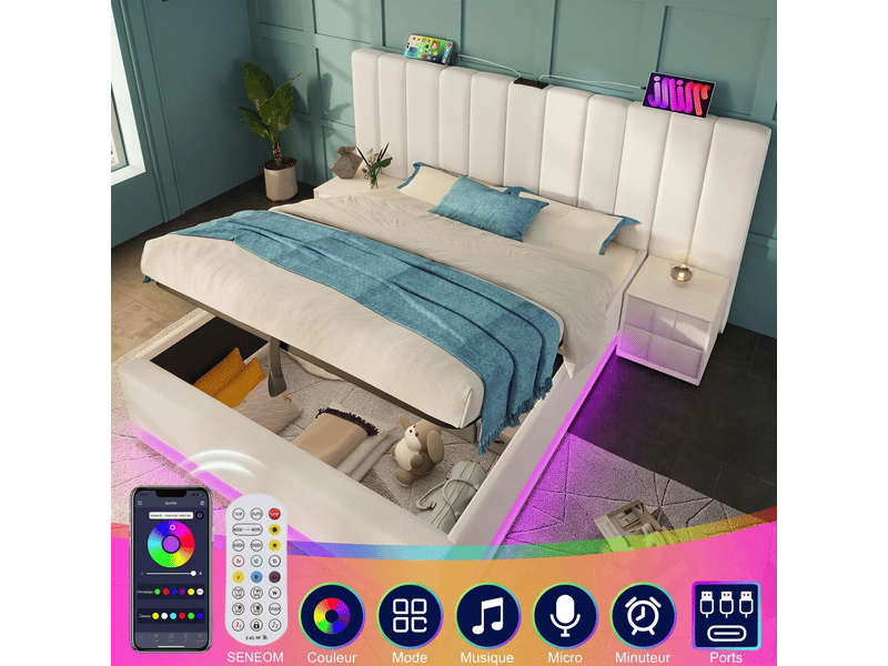 Lit double avec coffre 180x200 cm, éclairage led, ports usb et sommier à lattes, pu blanc - Conforama B