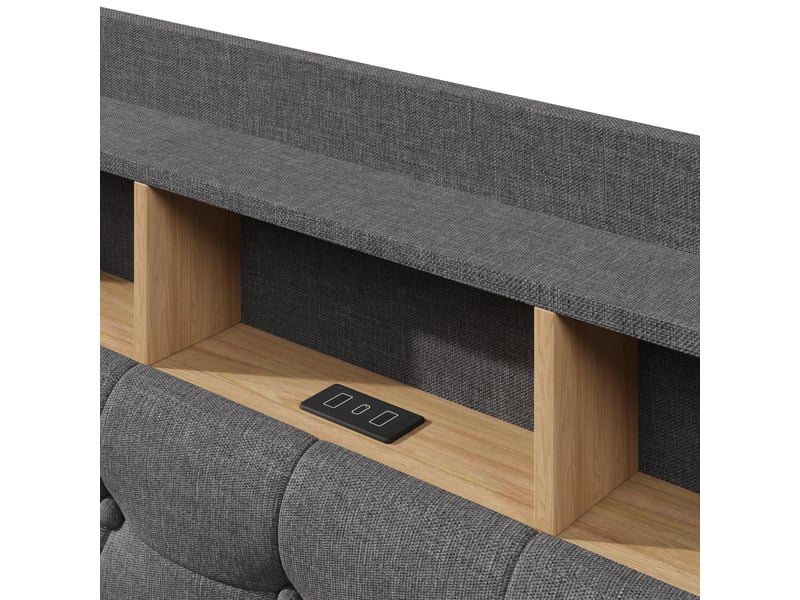  Lit capitonné 140 × 200 cm, gris, sans matelas, led, coffre hydraulique, usb type-c, lin  - Conforama E