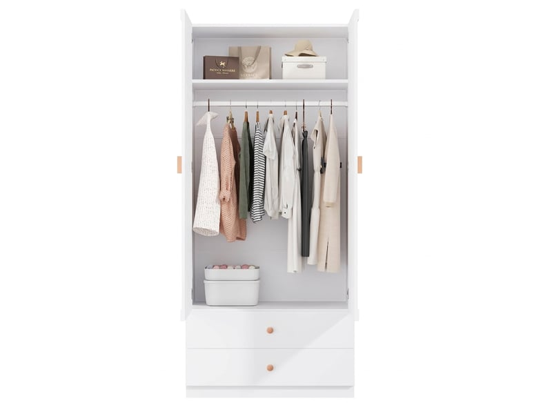 Armoire de chambre blanche avec 2 tiroirs et penderie, poignées en bois massif, 90x45x200 cm - Conforama A