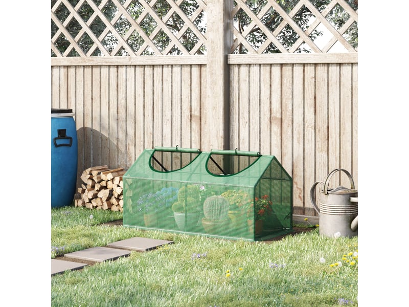 Serre de jardin avec bâche en polyéthylène, piquets et bords rehaussés, 120 x 60 x 60 cm, verte - Conforama D