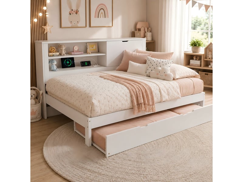  Lit gigogne 140x190 cm, tête de lit avec rangement, couchage gigogne, usb et usb-c, sommier à lattes pour chambre - blanc  - Conforama E