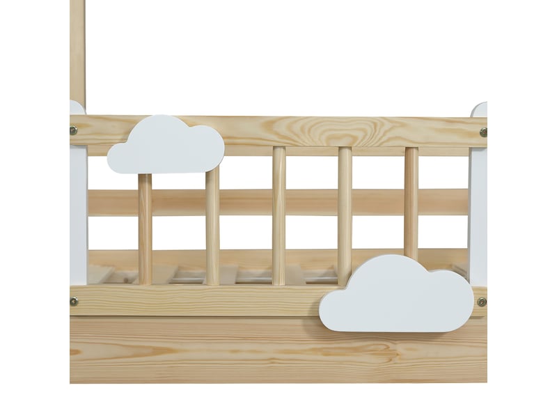 Lit mezzanine cabane 90 × 200 cm, toit, échelle, garde-corps décorés et lattes, pin, mdf et contreplaqué, naturel - Conforama E