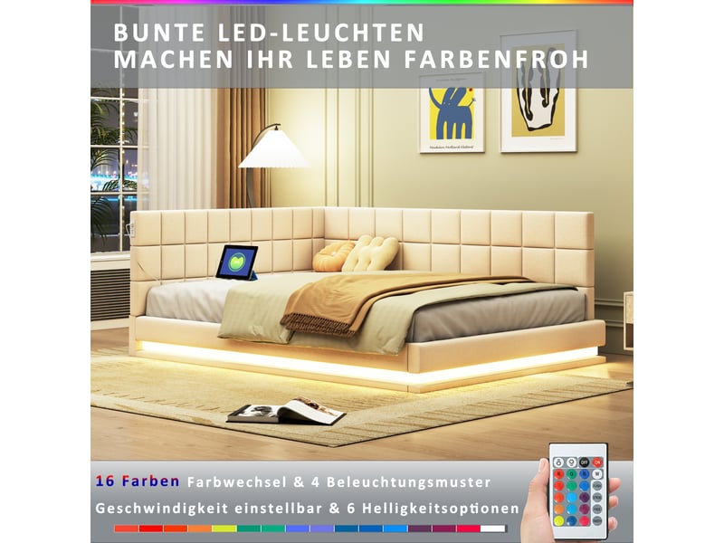  Lit capitonné et canapé-lit 140x200 cm en lin beige avec led, usb et sommier, sans matelas  - Conforama C