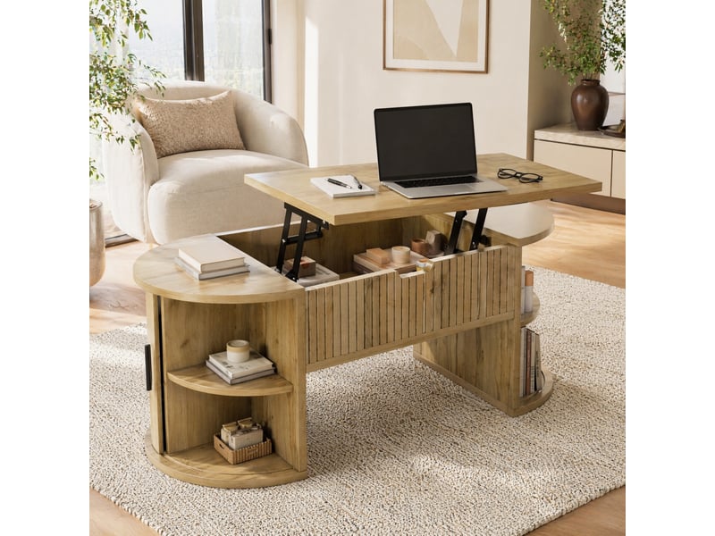  Table basse relevable ovale avec rangement et portes coulissantes - lpospi - étagères ouvertes mdf chêne  - Conforama C
