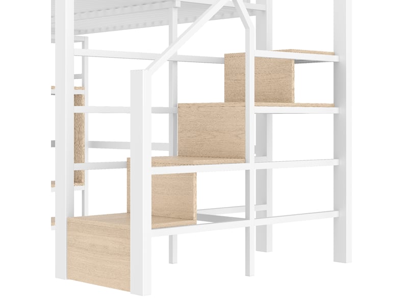  Lit mezzanine 140 x 200 cm avec rangements et escalier intégré, led multicolores, structure en métal et mdf, blanc  - Conforama W