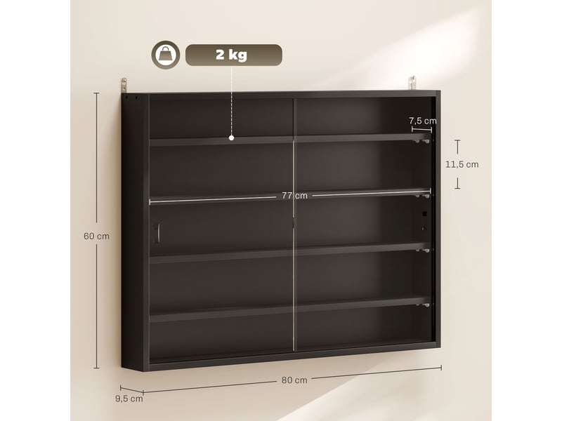  Vitrine murale en bois avec étagères réglables et 2 portes coulissantes en verre, 80 x 9,5 x 60 cm, noire  - Conforama E