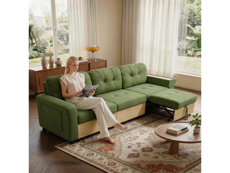  Canapé d'angle 3 places, méridienne, port usb, rangement, accoudoir plateau bois, velours vert, sans montage DA001-SOFA-GREEN-R - Conforama E