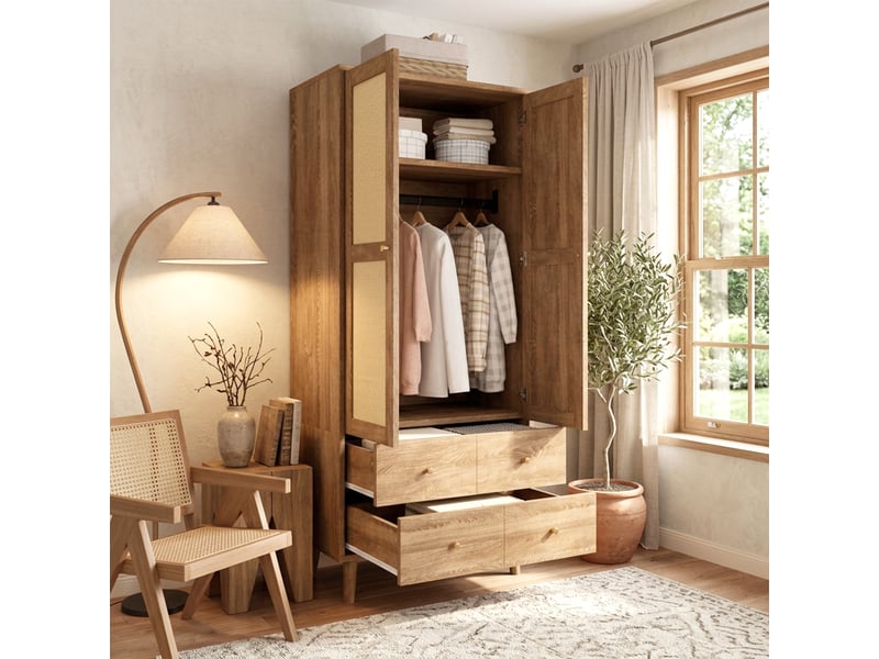  Armoire de rangement avec penderie, étagères et 2 tiroirs - lpospi - portes aspect rotin mdf noyer naturel 80 × 50 × 180 cm  - Conforama C